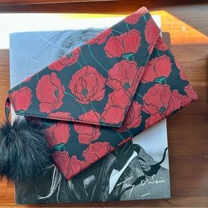 Anthropologie MONSERAT DE LUCCA Floral Poppy Envelope Clutch Fur Pom Pom